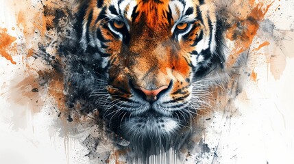 An abstract watercolor-style tiger face covering the chest, each stroke highlighting the strength and mystery of the majestic creature.