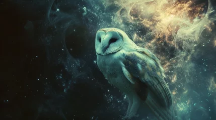 Poster A cosmic owl perched on the shoulder, with its feathers blending into the depths of space, creating a mystical and enchanting composition. © AI Aesthete
