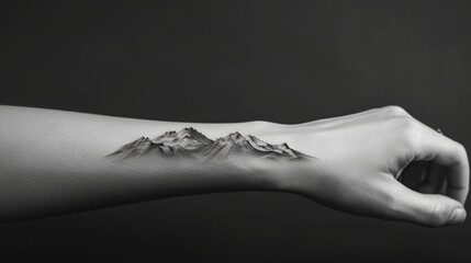 A minimalist mountain range tattooed on the wrist, with fine linework capturing the grandeur of nature in a simple yet impactful design.