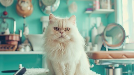 A regal cat sits patiently in a grooming salon, awaiting its turn