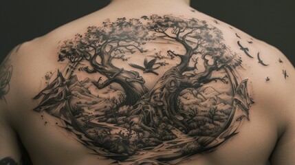 A series of interconnected abstract islands tattooed on the upper back, with each island representing a unique and imaginative world.