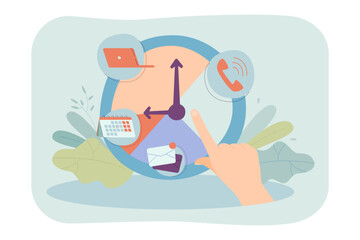 Hand pointing at clock with time schedule. Vector illustration. Call, computer, calendar and emails icons. Occupation, part-time work, multiple jobs concept