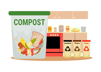 Kitchen with different rubbish bins and huge bin for food waste. Vector illustration. Composting of food waste, ecology, environment, waste sorting concept