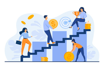 People climbing ladder of success to reach personal goals. Some people achieving success, others failing. Money, target, gold cup. Personal growth, setting goals, failures concept