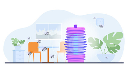Mosquito repellent scaring insects vector illustration. Living room with mosquitoes. Control of pathogenic mosquitoes and insects concept
