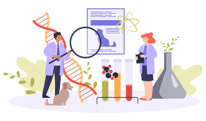 Scientist with huge magnifying glass looking at new species of animals. Vector illustration. Female assitant with checklist, DNA, test tubes, laboratory dog. Science, modern technology, breeding new