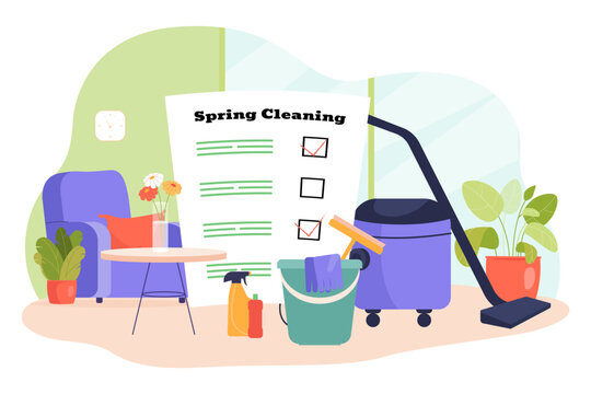 Spring cleaning checklist vector illustration. Vacuum cleaner, bucket, mop, cleaners. Clean  living room with green plants and flowers. Cleaning concept