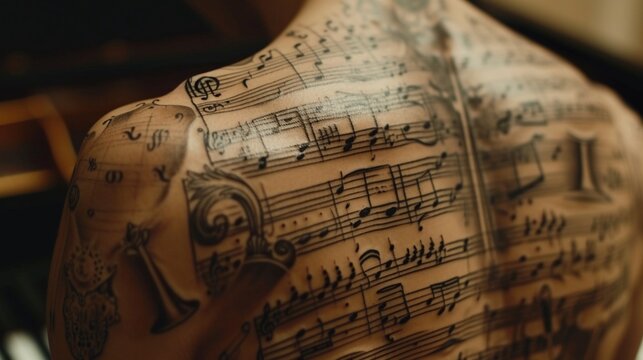 A symphony of music notes and instruments tattooed on the ribs, creating a dynamic and visually engaging composition celebrating the art of music.