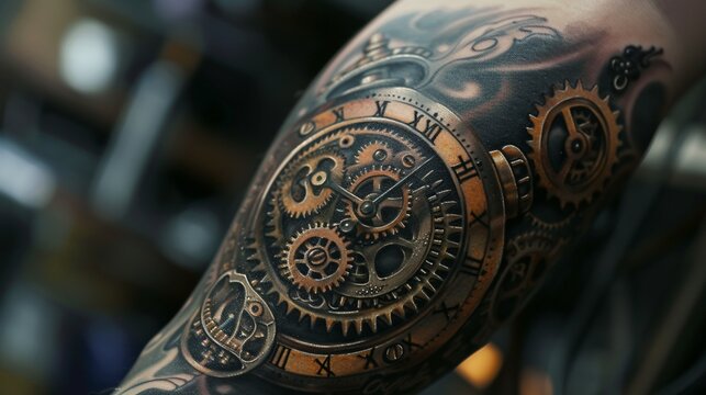 A timepiece with intricate gears and clockwork mechanisms tattooed on the inner forearm, symbolizing the complexity of time.