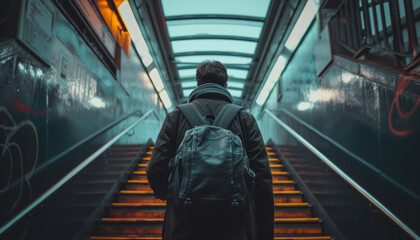 Man with Backpack Ascending Staircase in Urban Subway Station