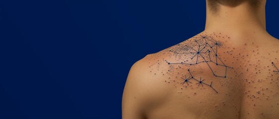 A celestial constellation tattoo, mapping the back, representing the interconnectedness of the universe, against a solid blue background.