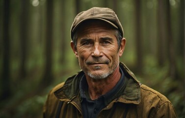 Fototapeta premium Portrait of a farmer with a forest background. Generative Ai