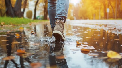 Close-up of boots splashing in a puddle during autumn - obrazy, fototapety, plakaty
