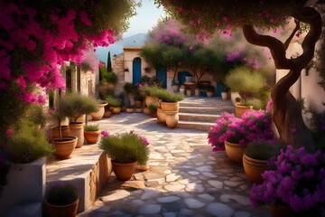 A Greek-inspired terrace garden with olive trees, bougainvillea, and a stone pathway leading to a stunning view.