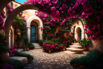Fototapeta na wymiar A Mediterranean-inspired courtyard with an arched stone entrance, cobblestone pathways, and vibrant bougainvillea.