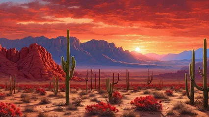 Foto op Canvas Magical scene of a desert sunset where the sky is painted in shades of crimson and burnt orange and casting a surreal glow on the rugged cactus landscape © mdaktaruzzaman