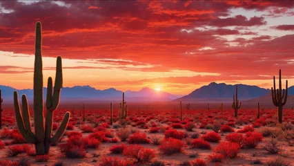 Poster Im Rahmen Magical scene of a desert sunset where the sky is painted in shades of crimson and burnt orange and casting a surreal glow on the rugged cactus landscape © mdaktaruzzaman