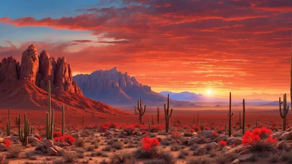 Poster Magical scene of a desert sunset where the sky is painted in shades of crimson and burnt orange and casting a surreal glow on the rugged cactus landscape © mdaktaruzzaman