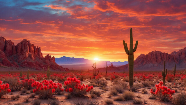 Magical scene of a desert sunset where the sky is painted in shades of crimson and burnt orange and casting a surreal glow on the rugged cactus landscape