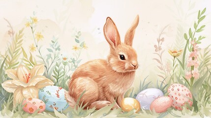 easter scene with a rabbit and eggs - watercolor airbrush clipart