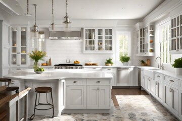 Fototapeta premium A colonial revival-style kitchen with white painted cabinets, polished nickel hardware, and subway tile backsplash.