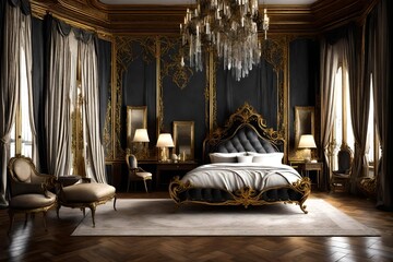 An opulent French chateau bedroom featuring intricate wrought-iron bed frames, silk draperies, and antique gilded mirrors.