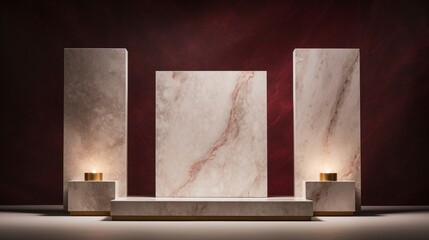 A monolithic Carrara marble podium claims the frame's focus. A geometric background marked by shifting gradients of burgundy and gold lends warmth and contrast.