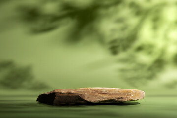 Side View of a Stone Display Stand for Product. with Green Freshness Water Ripple and Tree Branch Shadow. Background for Cosmetic, Organic and Sustainable Products