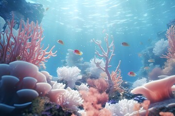 Fototapeta premium Beautiful Underwater Coral Reef During The Day With Sunlight Coming Through