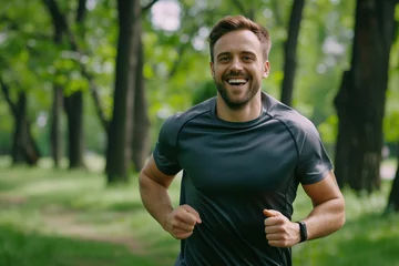Tuinposter Smiling man enjoys jogging outdoors in a green park during summer, embodying an active and healthy lifestyle © Eve Creative