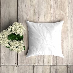White Pillowcase Mockup Wooden Plank With Floral Decoration 2