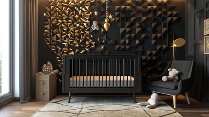A modern black and gold nursery with a black crib, golden mobile, and geometric black and gold wallpaper.
