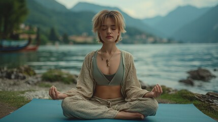 Fototapeta na wymiar a young woman meditating near the lake