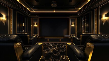 A modern black and gold home theater with plush black leather recliners, golden wall sconces, and a large projection screen framed in gold. - obrazy, fototapety, plakaty