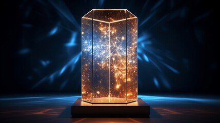 A sleek and modern podium made of translucent acrylic material serves as the focal point. Behind it, an intricate pattern of glowing polygons offers dynamic contrasts.