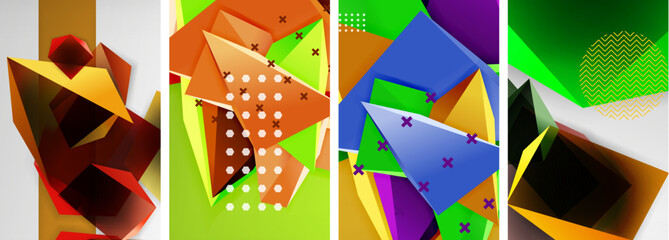 Trendy low poly 3d triangle shapes and other geometric elements background designs for wallpaper, business card, cover, poster, banner, brochure, header, website