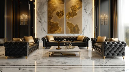 Luxurious black leather sofas complemented by golden accent pillows in a contemporary living room...