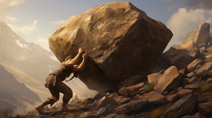 A Hard Worker Man Push a Big Rock Up hill. Pushing Boundaries, Metaphorical journey And Sisyphus Concept. Struggle, Determination and Resilient Challenge. Illustration  - obrazy, fototapety, plakaty