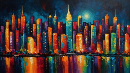 An abstract painting of a cityscape at night with vivid, glowing colors Generative AI