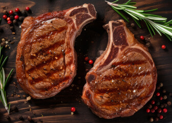 grilled pork steaks on dark wooden table, top view, flat lay.