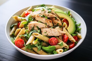 Salad with Chicken, Pasta, Avocado, Tomato and olive oil. recipe for cooking a healthy nutritious