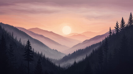 Obraz premium Illustration of sunset over peaceful mountains with pine tree silhouettes in modern monochrome style