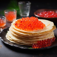 tortillas with red caviar, nutritious food, snack. Maslenitsa.
