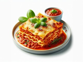 Delicious lasagna with tomato sauce and basil on white table,