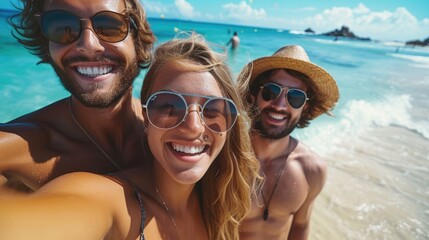 Fototapeta premium Happy surfing friends are taking selfie in sea with blue blurry sea in backdrop, Generative AI.