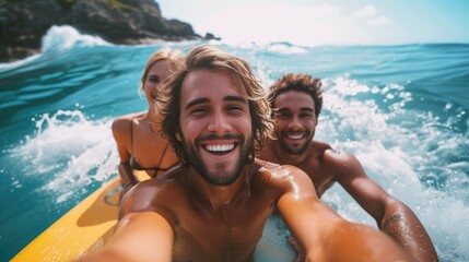 Happy buddies are posing for a selfie in the sea with the backdrop of blue, misty ocean, Generative AI.