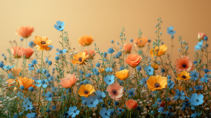 Fototapeta na wymiar Sunset Hues in Blooming Field of Orange and Blue Flowers