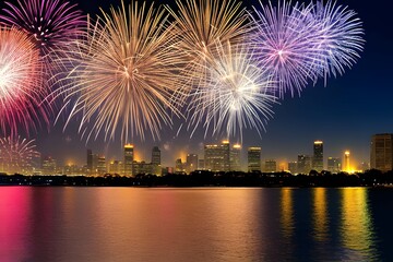 Naklejka premium 都市の夜空に打ち上がる花火、お祝いイメージ、新年