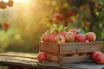Ripe organic apples in a wooden boxes on the background of an apple orchard.