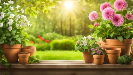 Obraz premium Sunny garden scene with flowerpots, perfect backdrop for vibrant spring or summer vibes.